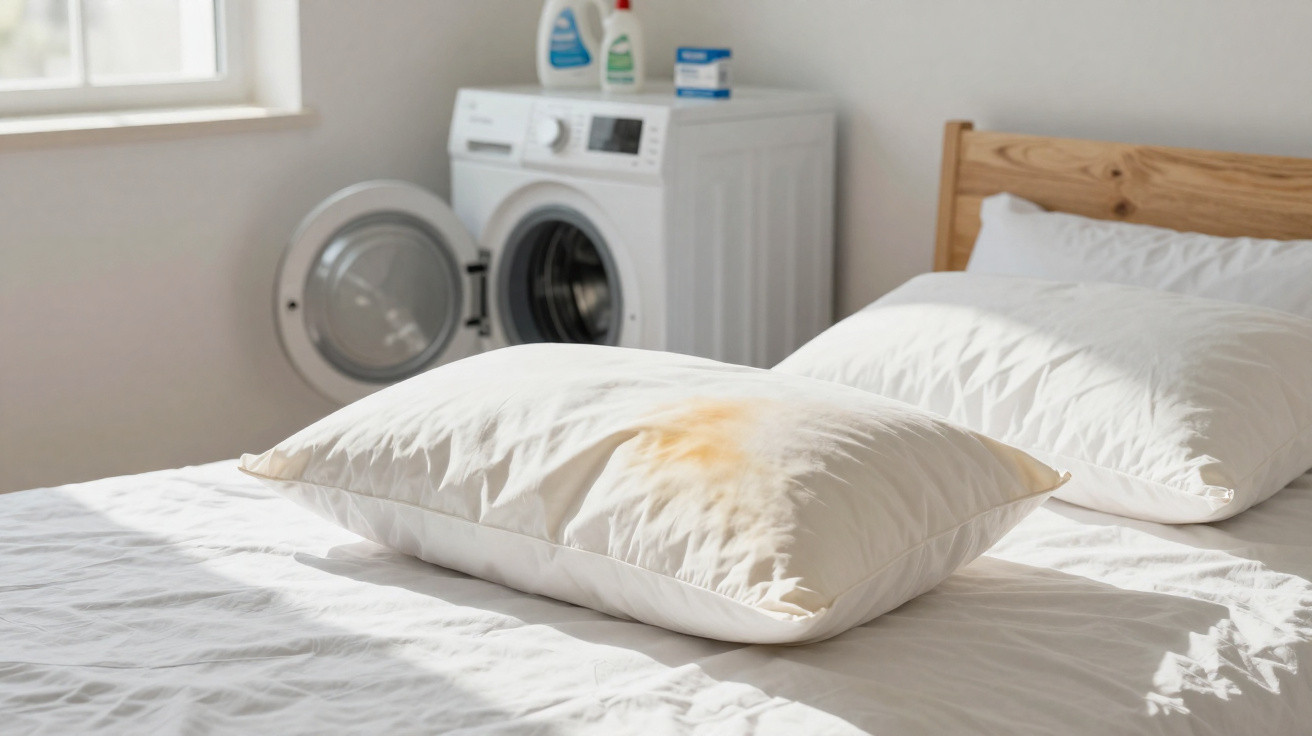 Almofadas brancas numa cama ao sol, perto de uma máquina de lavar roupa com porta aberta.