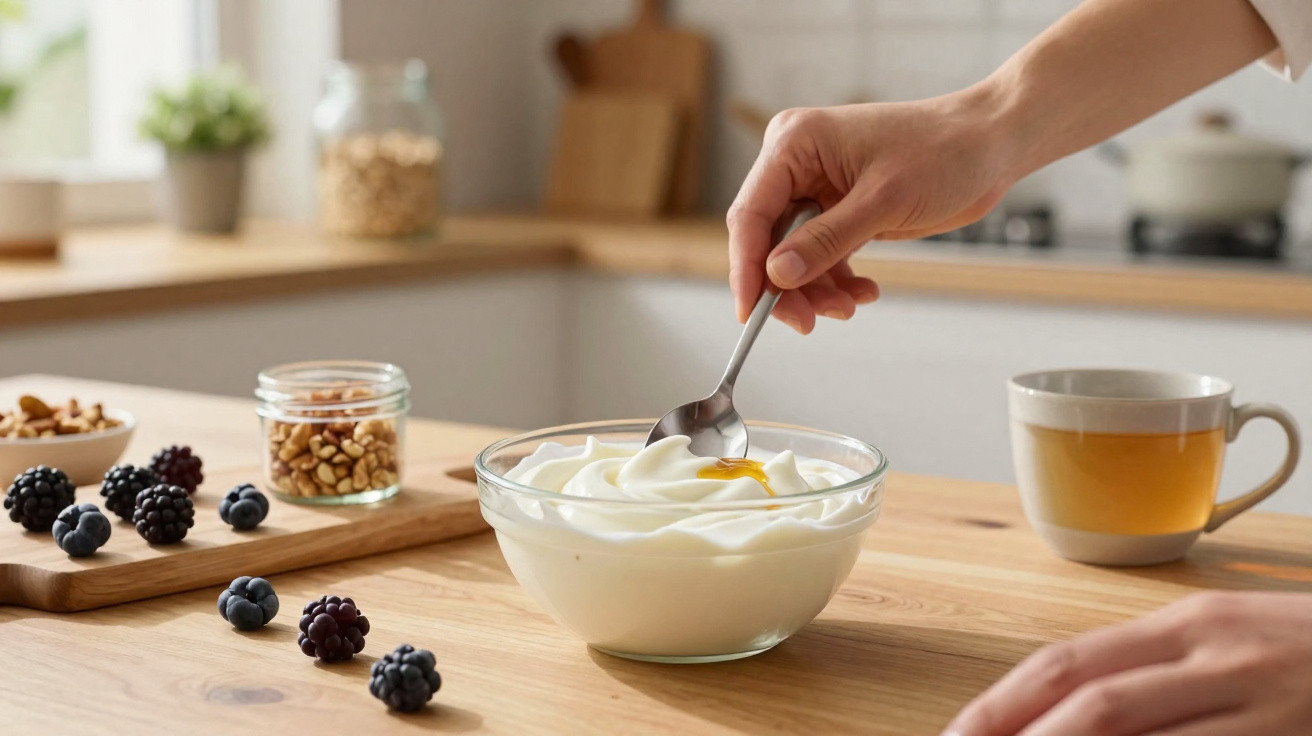 Pessoa a colocar mel numa taça de iogurte natural, próximo de frutos silvestres e chá.