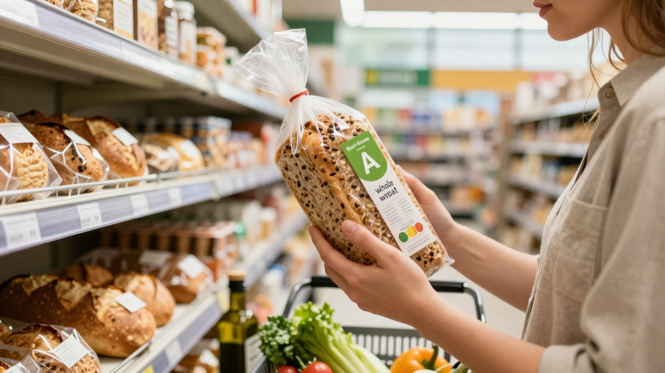 Pessoa a segurar pão integral embalado numa prateleira de supermercado com carrinho de compras cheio.