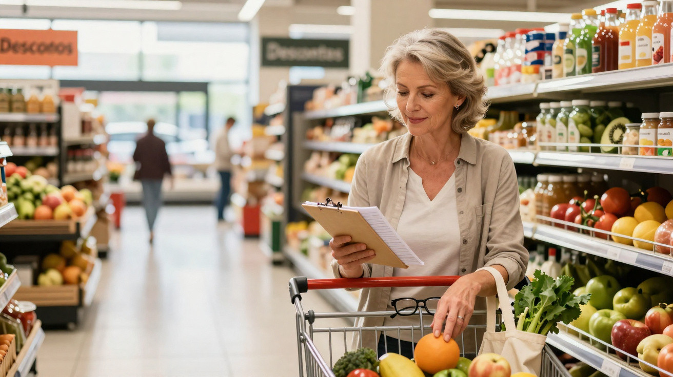 Mulher a fazer compras no supermercado com carrinho cheio de frutas e lista de compras na mão.