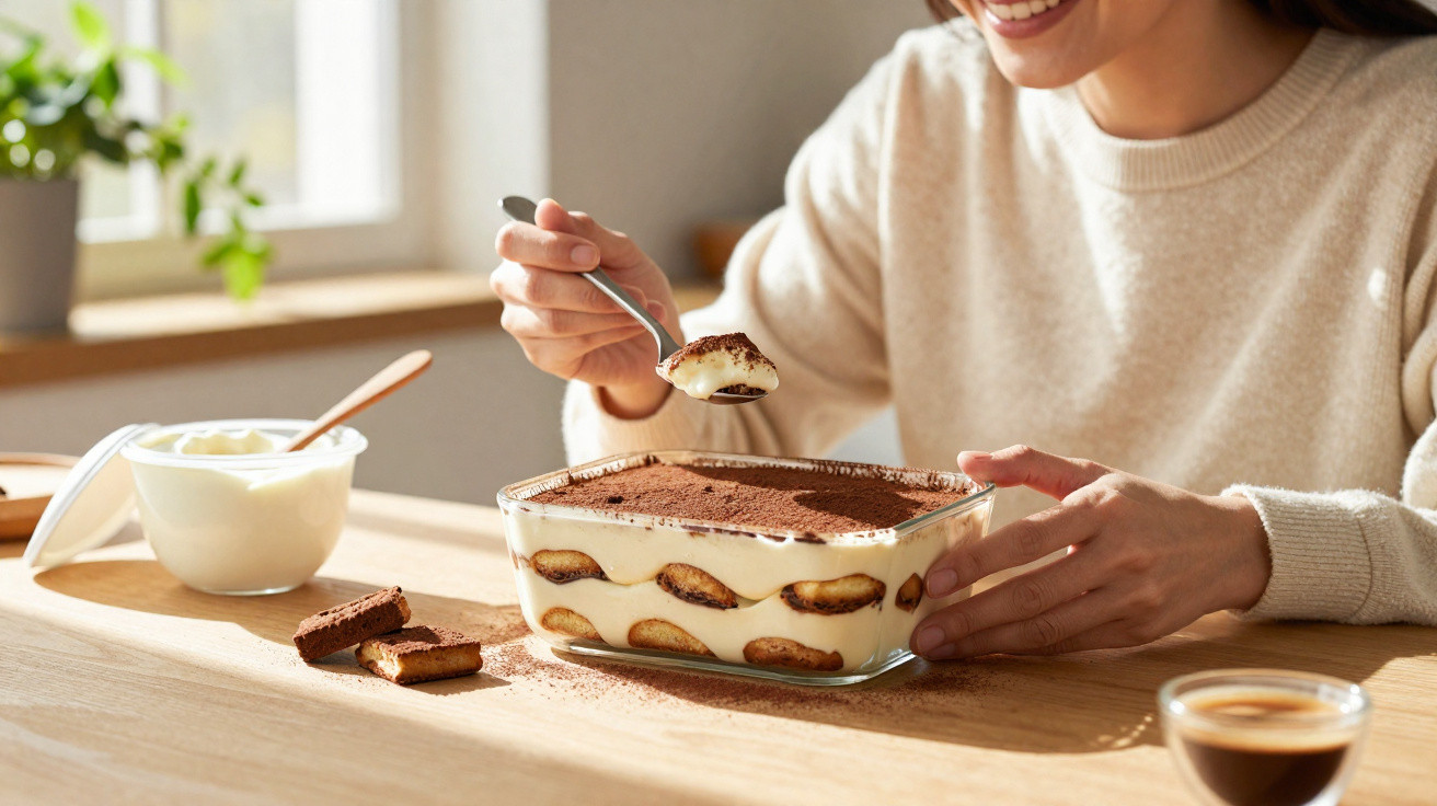 Pessoa a sorrir enquanto come tiramisu num recipiente de vidro numa mesa de madeira, com café e ingredientes à volta.