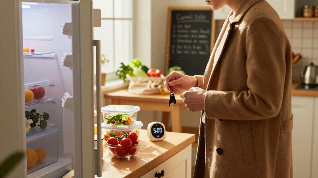 Pessoa a abrir frigorífico na cozinha com salada, tomate e relógio digital sobre a bancada.