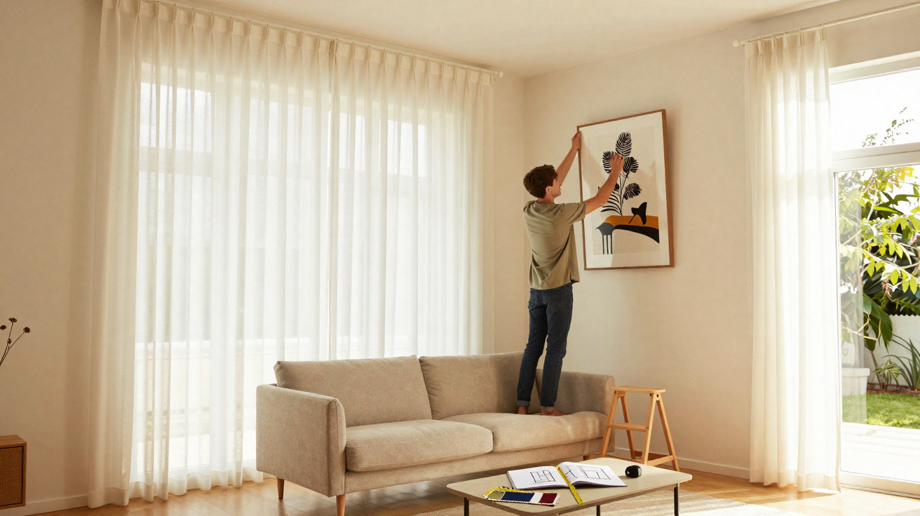 Jovem pendura quadro com folhagem a preto e branco numa sala luminosa e decorada com sofá cinzento.