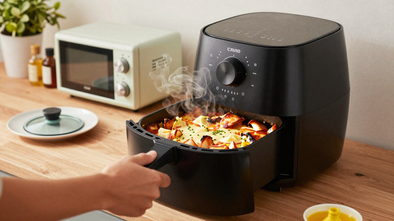 Pessoa a retirar prato quente com legumes cozinhados numa air fryer preta numa cozinha doméstica.