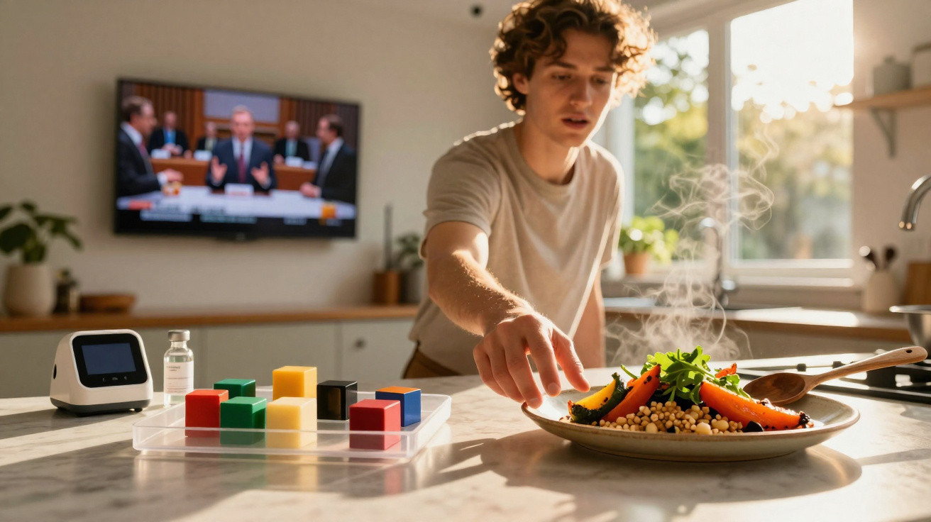 Jovem a preparar prato colorido de comida vegetariana numa cozinha luminosa com brinquedos educativos na mesa.