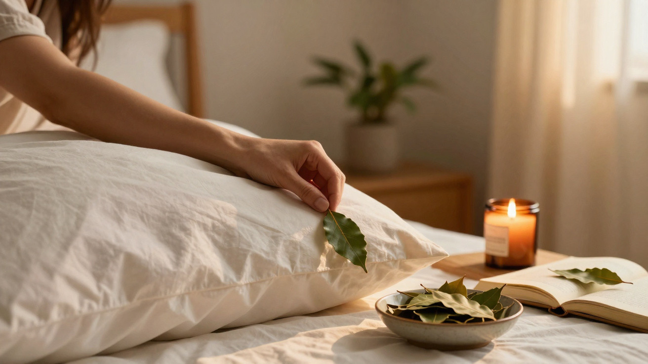 Pessoa a colocar uma folha entre almofadas, com vela acesa e livro numa cama ensolarada.