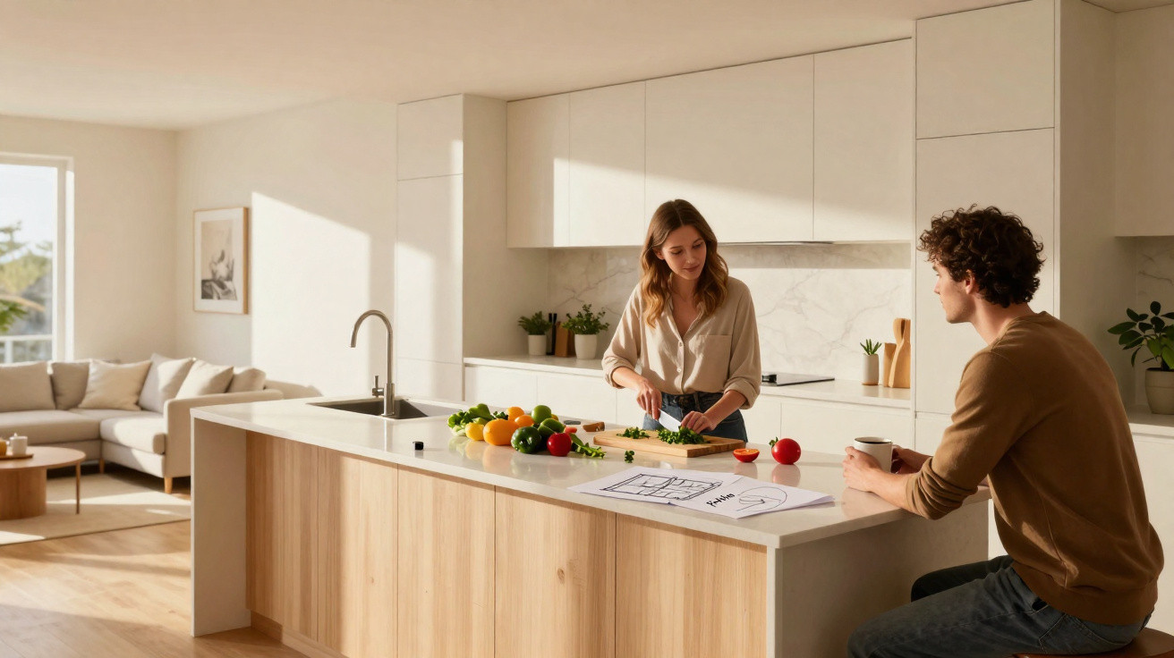 Casal em cozinha moderna prepara salada com legumes frescos numa ilha central com luz natural.