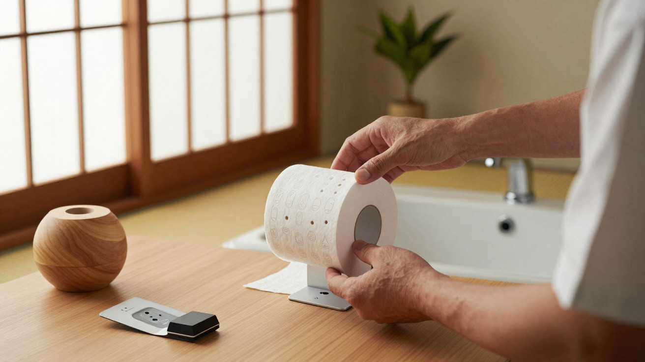 Mãos a colocar rolo de papel higiénico num suporte moderno sobre bancada de madeira junto a lavatório.