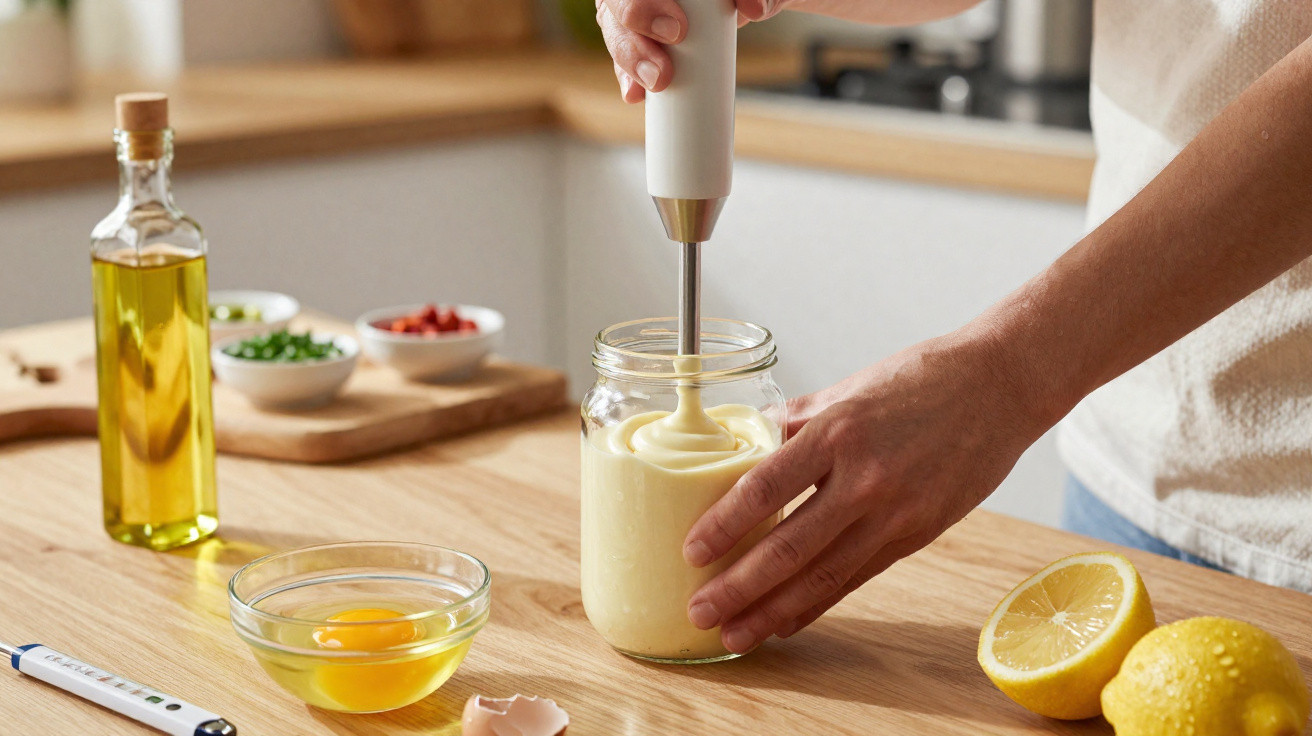 Pessoa a usar varinha mágica para preparar maionese caseira numa jarra de vidro numa cozinha.