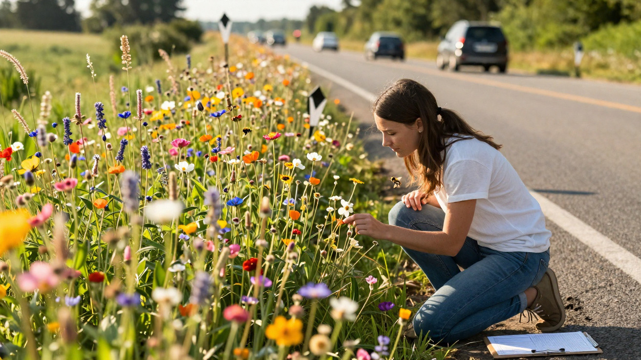 Mulher ajoelhada junto a um campo colorido de flores ao lado de uma estrada com carros ao fundo.