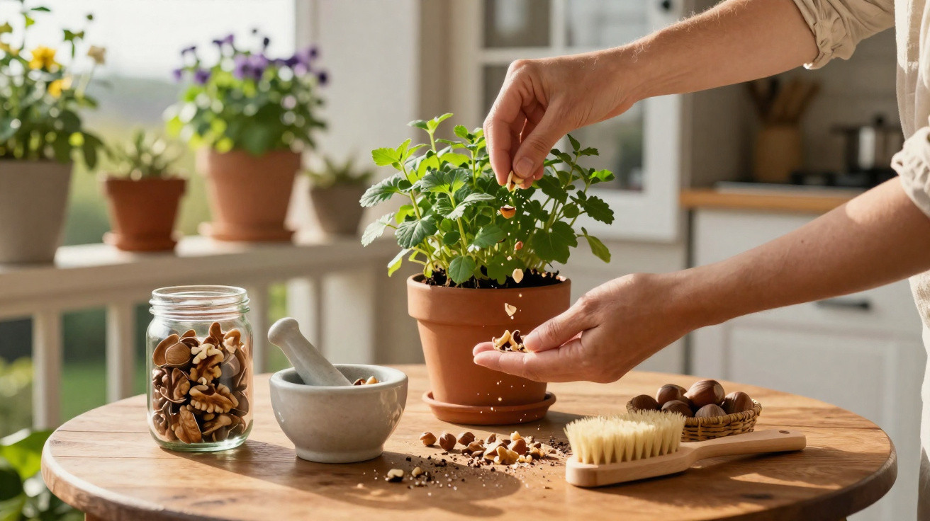 Pessoa a polvilhar planta em vaso com cascas de noz numa mesa com utensílios e plantas ao fundo.