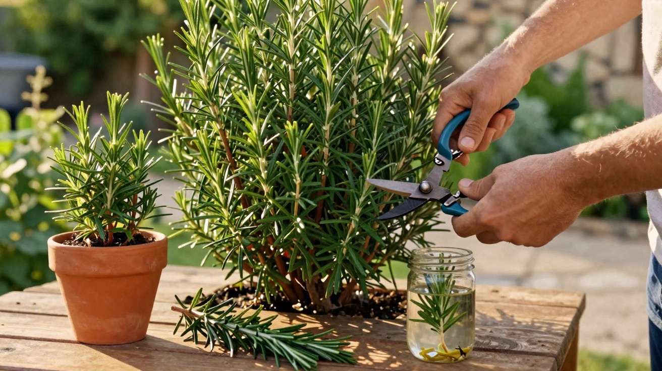Pessoa a cortar ramos de alecrim com tesoura, mesa de madeira com plantas em vaso e ramos cortados.