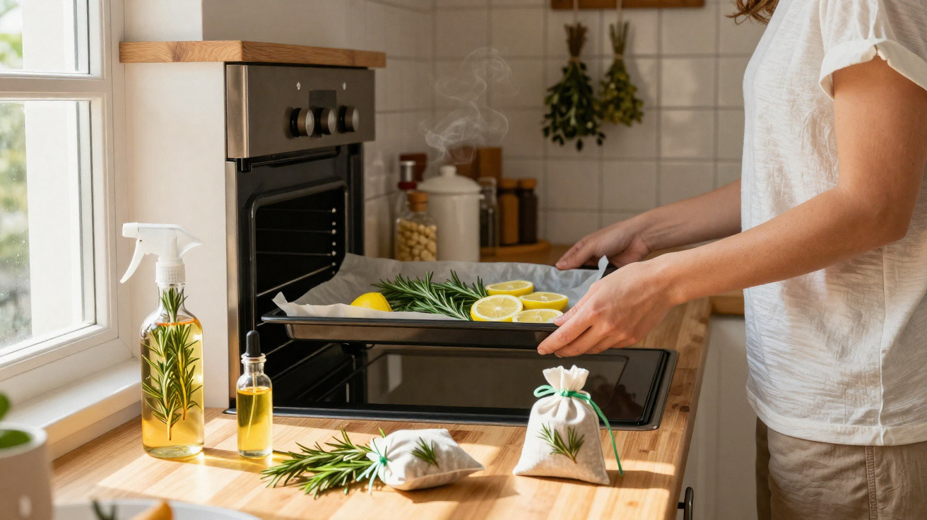 Pessoa a colocar tabuleiro com limões e ervas aromáticas no forno numa cozinha iluminada.