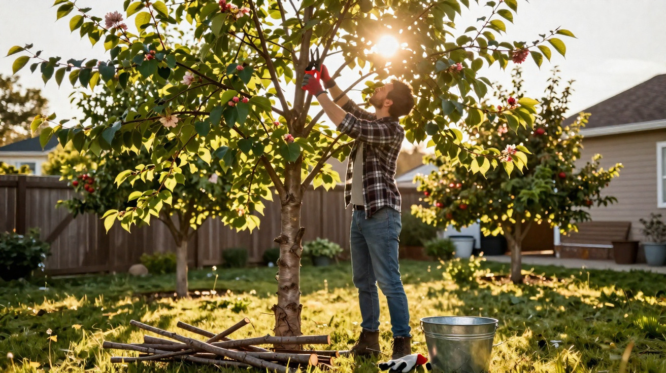 Homem a podar árvore frutífera num jardim com sol e céu claro ao fundo.