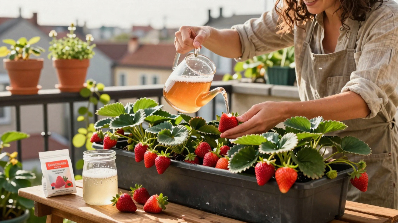 Pessoa a regar morangos cultivados numa caixa de planta num terraço urbano ensolarado.