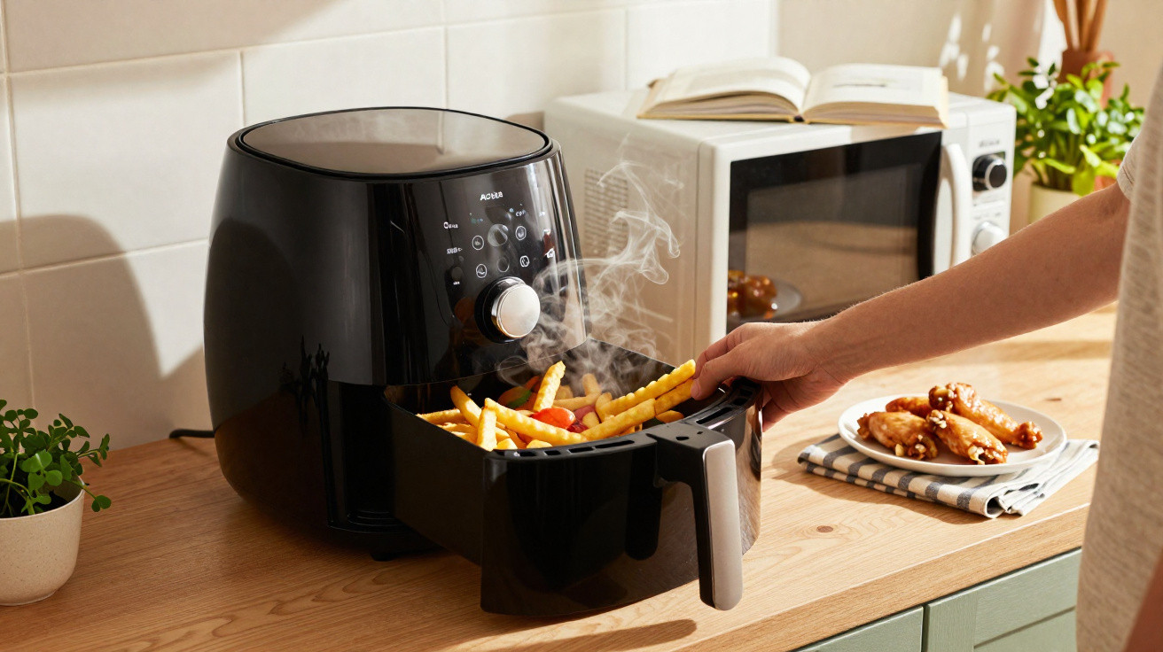 Máquina de ar quente a cozinhar batatas fritas frescas numa cozinha moderna.