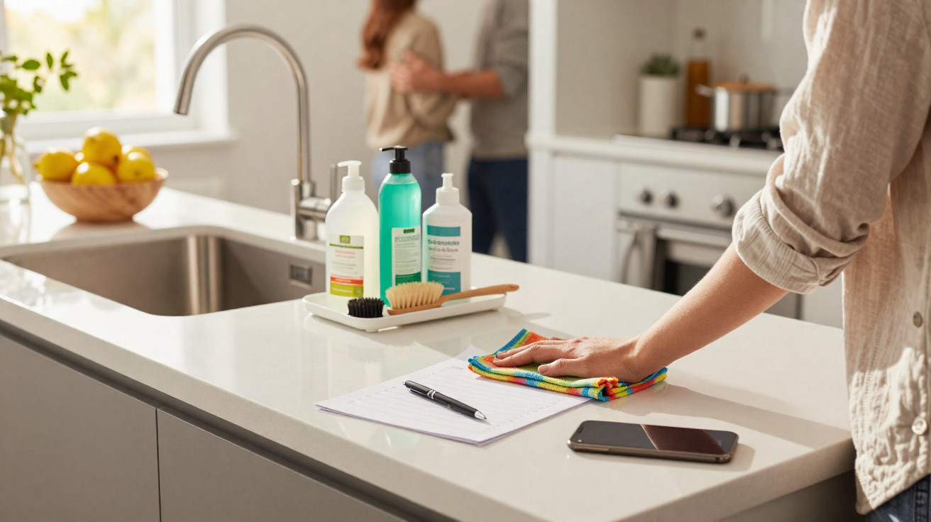 Pessoa a limpar o balcão da cozinha com um pano colorido, com produtos de limpeza e objetos pessoais na bancada.