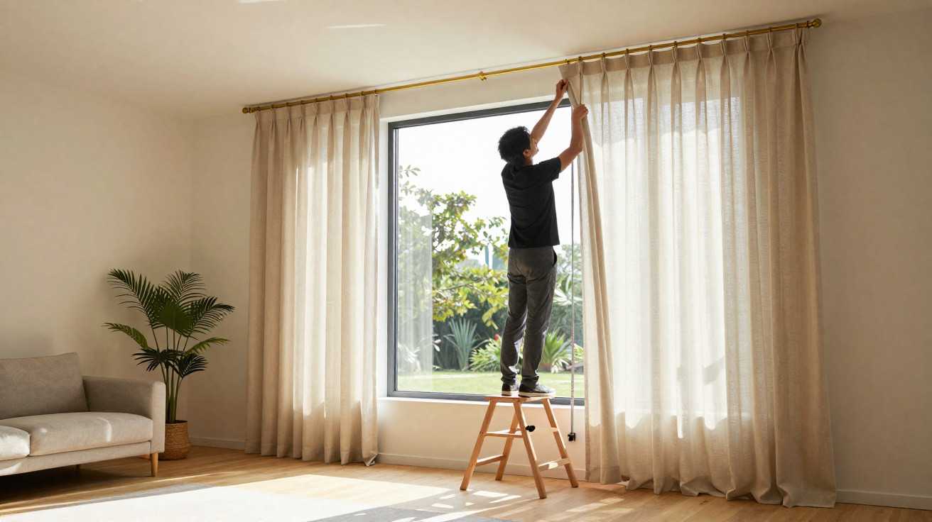 Homem em escadote a pendurar cortinas claras junto a grande janela luminosa numa sala com sofá e planta verde.