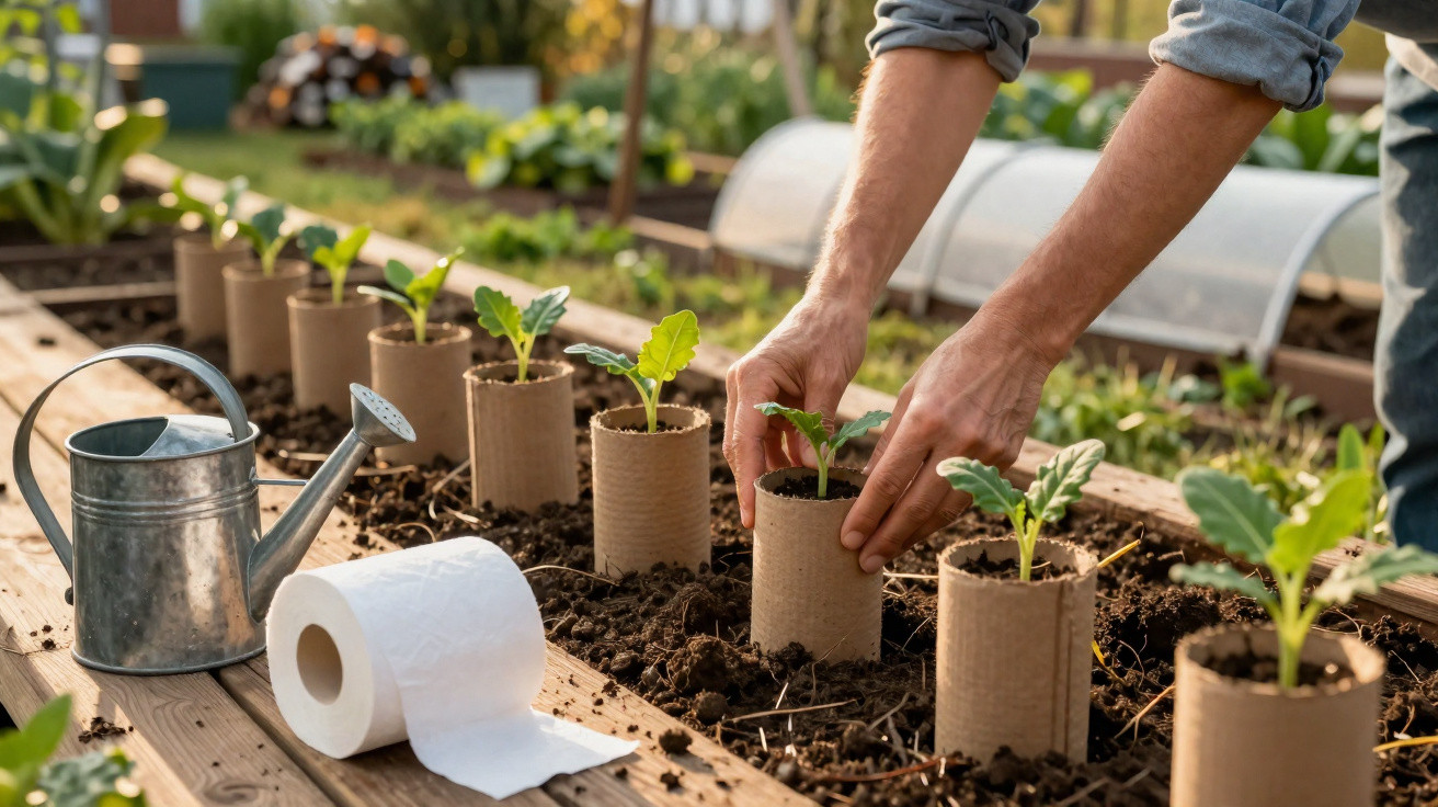 Mãos a transplantar plantas jovens em vasos biodegradáveis numa horta com regador e papel higiénico ao lado.