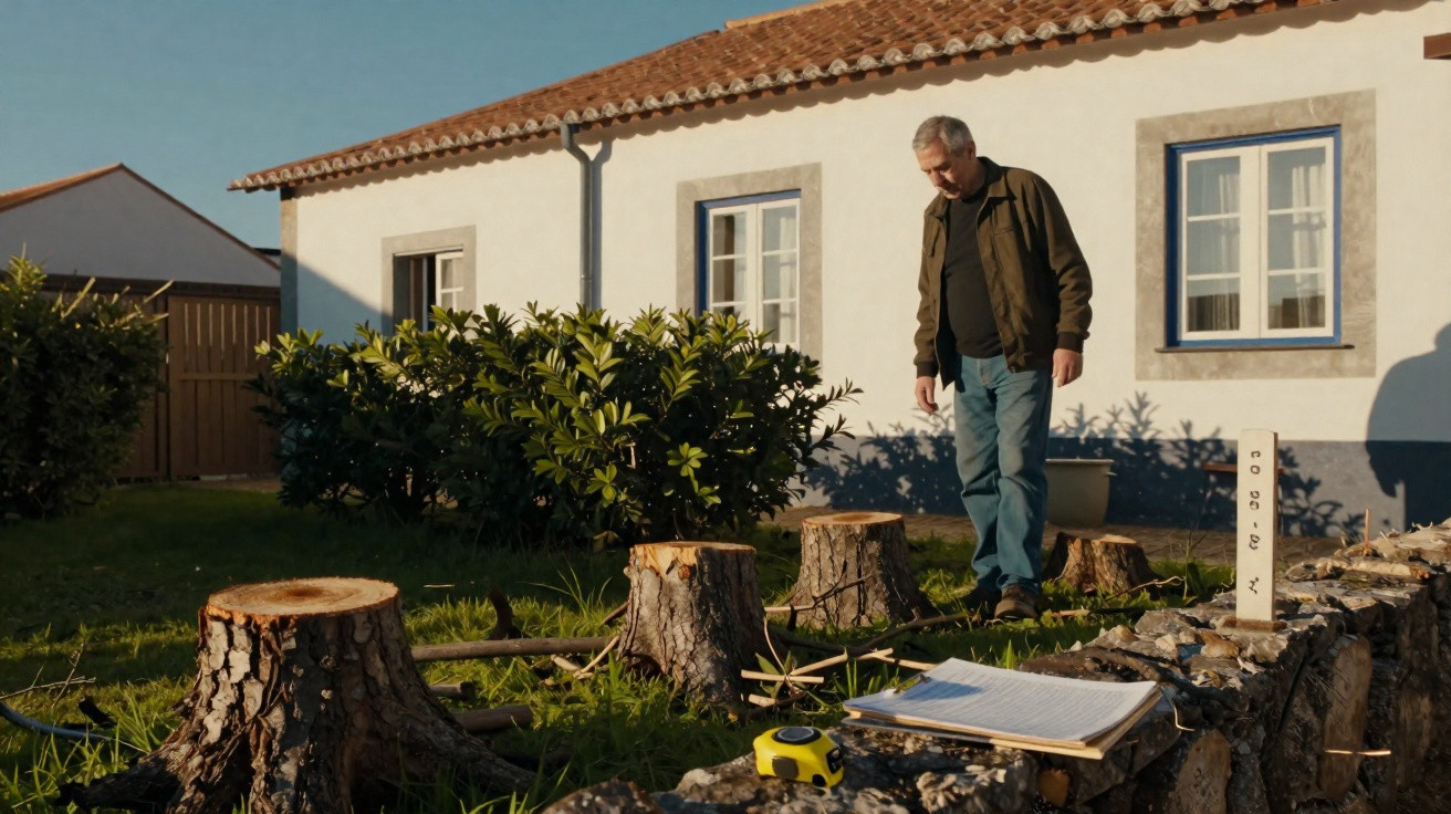 Homem observa troncos cortados em jardim diante de casa tradicional com telhado de telhas vermelhas.