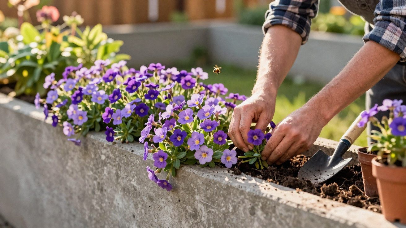 Mãos de pessoa a plantar flores roxas num canteiro de jardim com terra e uma pequena pá ao lado.
