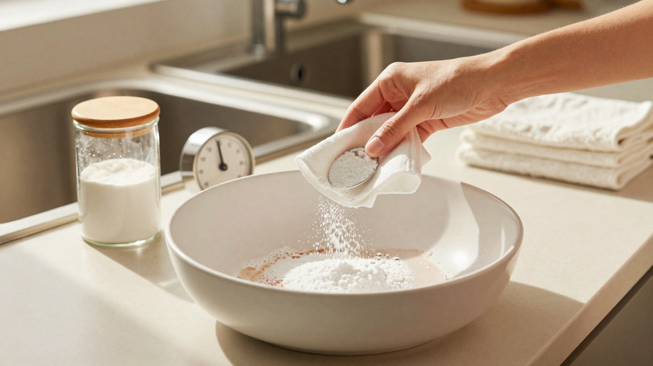 Mão a deitar farinha numa tigela branca numa cozinha com frasco de vidro e relógio na bancada.