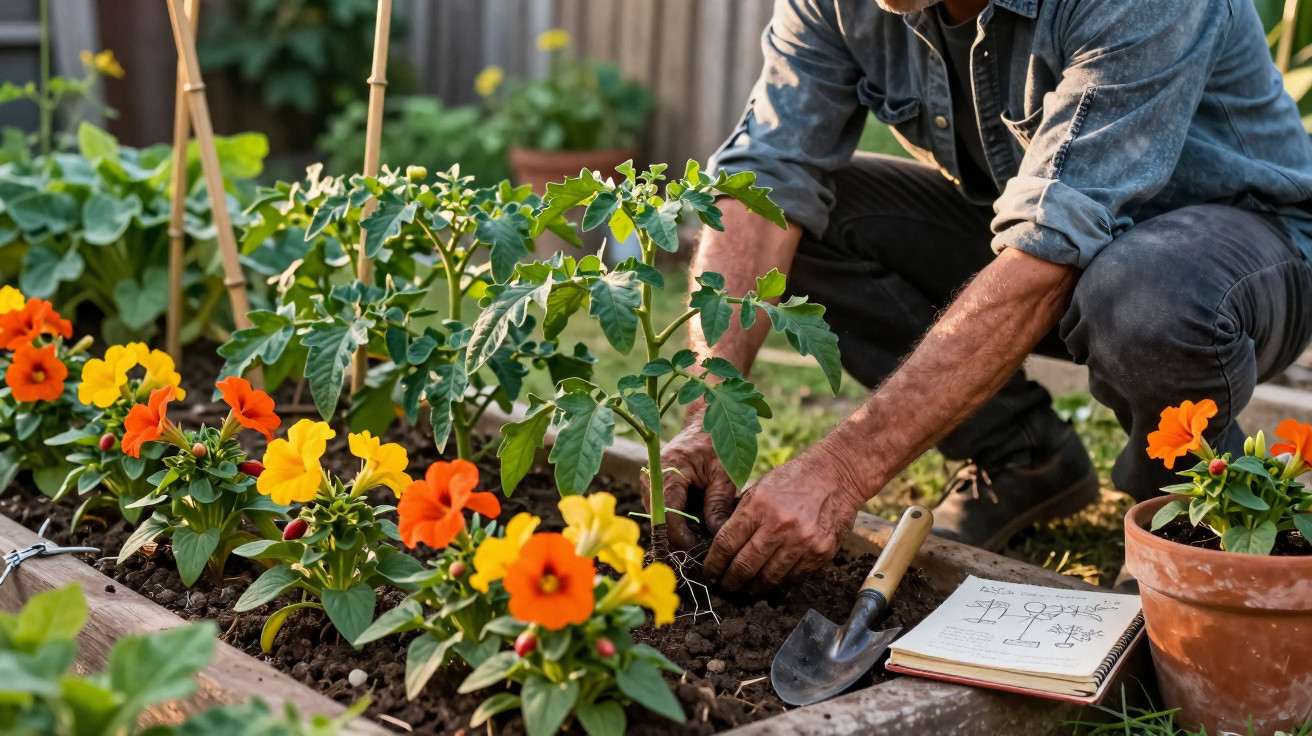 Pessoa a plantar flores e tomateiros num canteiro de jardim, rodeado de vasos e caderno de anotações.