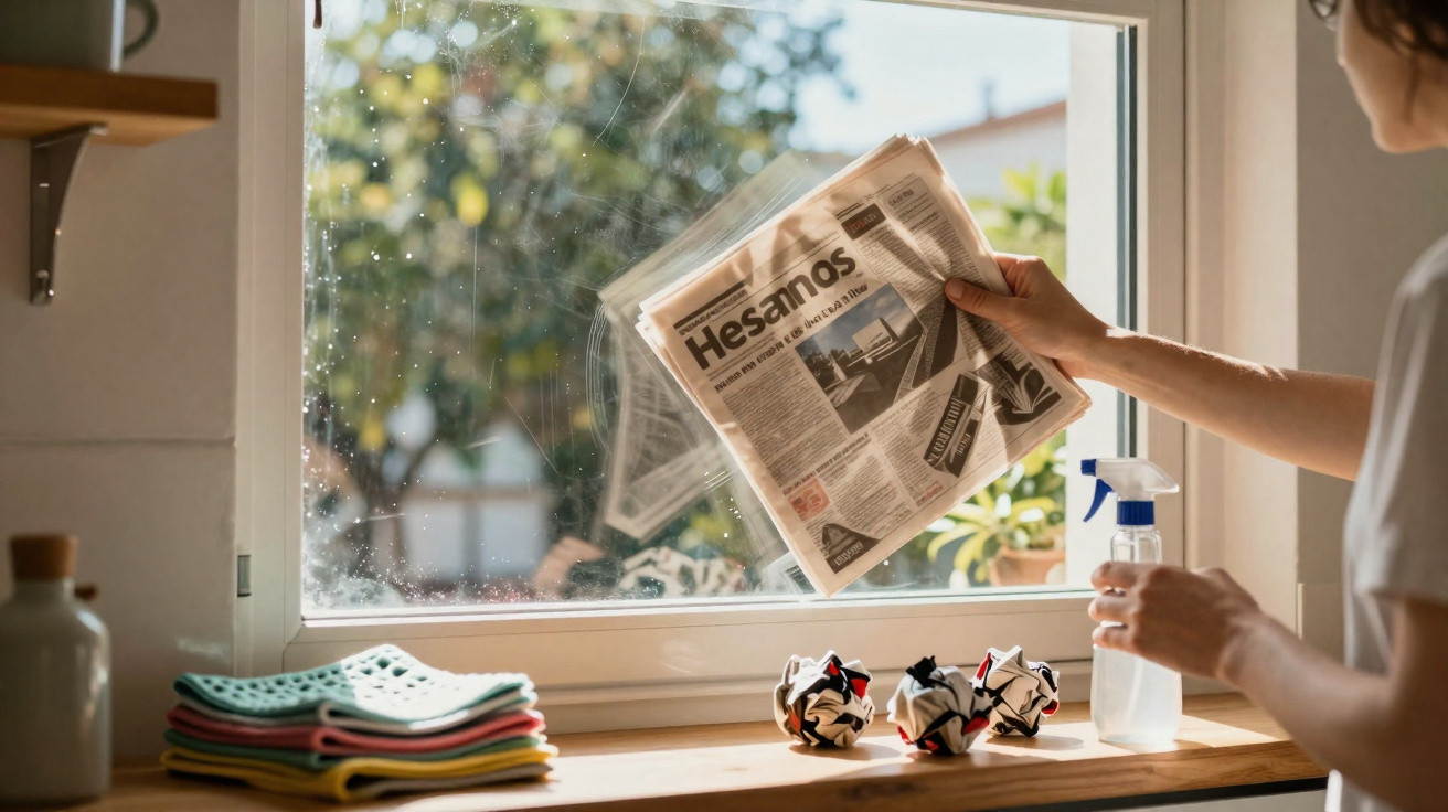 Pessoa a limpar vidraça de janela com jornal e borrifador, com panos coloridos e bolas de papel na bancada.