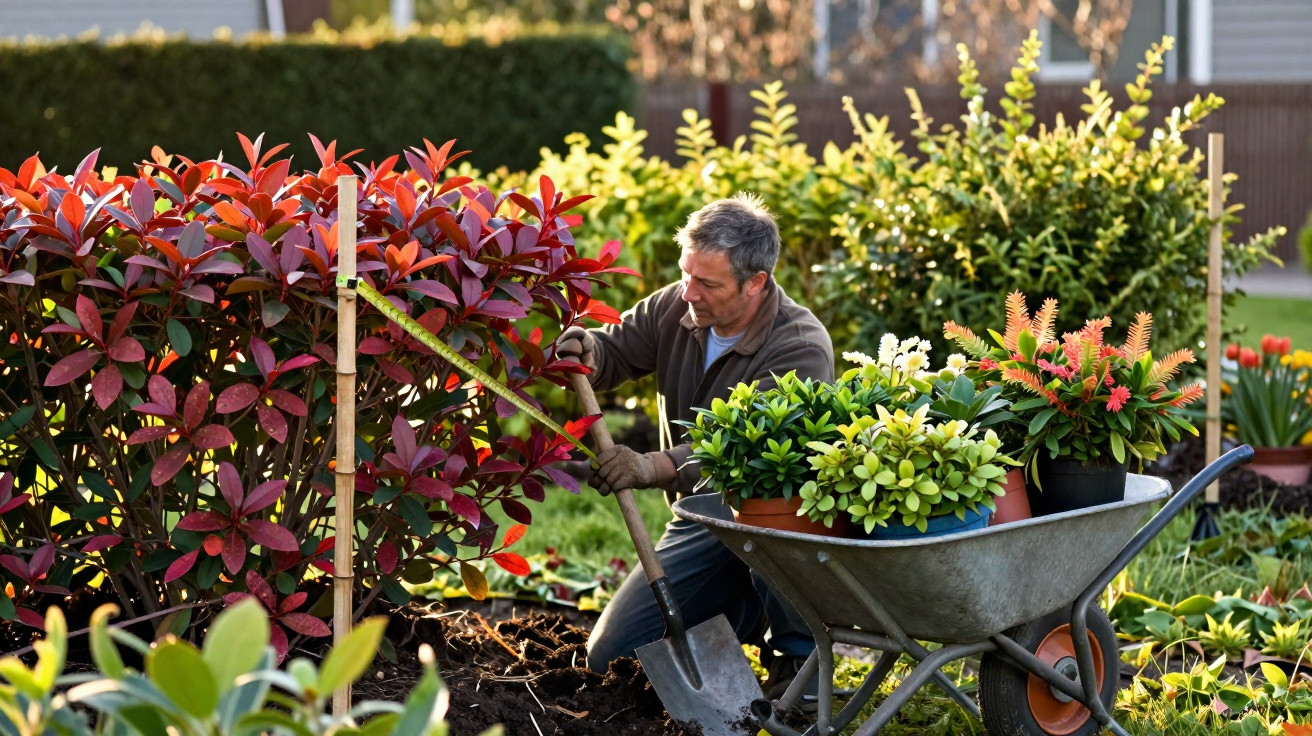 Homem a jardinagem, cava terra ao lado de arbusto vermelho, com carrinho cheio de plantas coloridas.