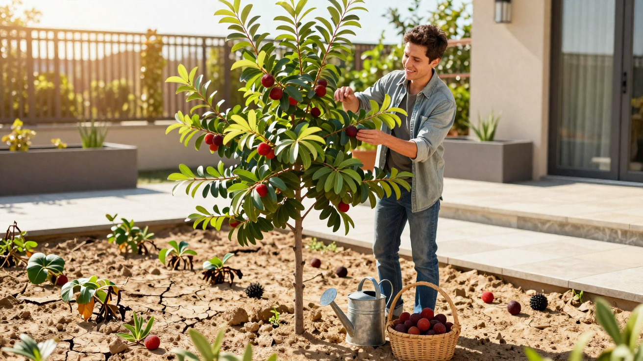 Homem jovem a colher frutos vermelhos de uma árvore num jardim seco junto a casa moderna.