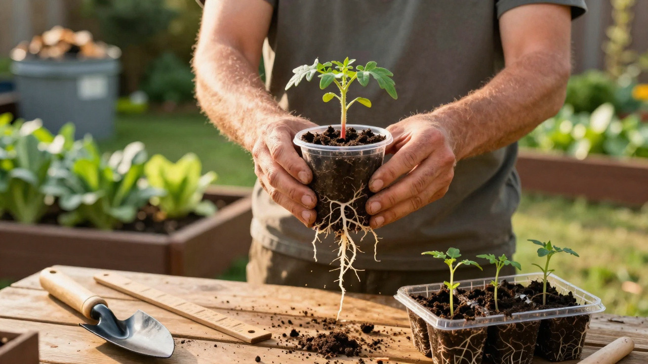 Pessoa a transplantar muda de planta com raízes expostas para o solo no jardim com ferramenta de jardinagem.