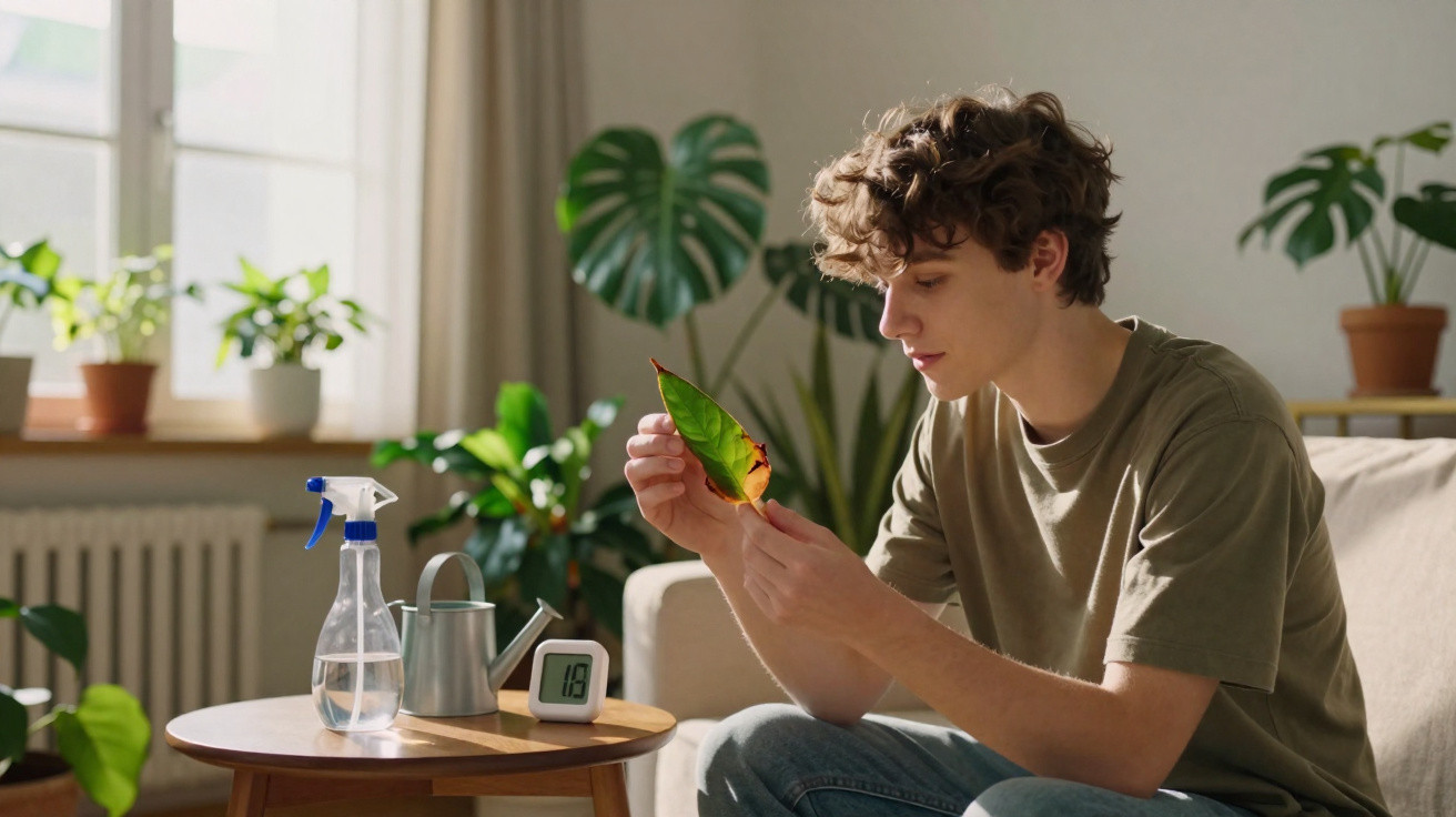 Pessoa jovem a examinar folha de planta danificada numa sala com várias plantas e luz natural.