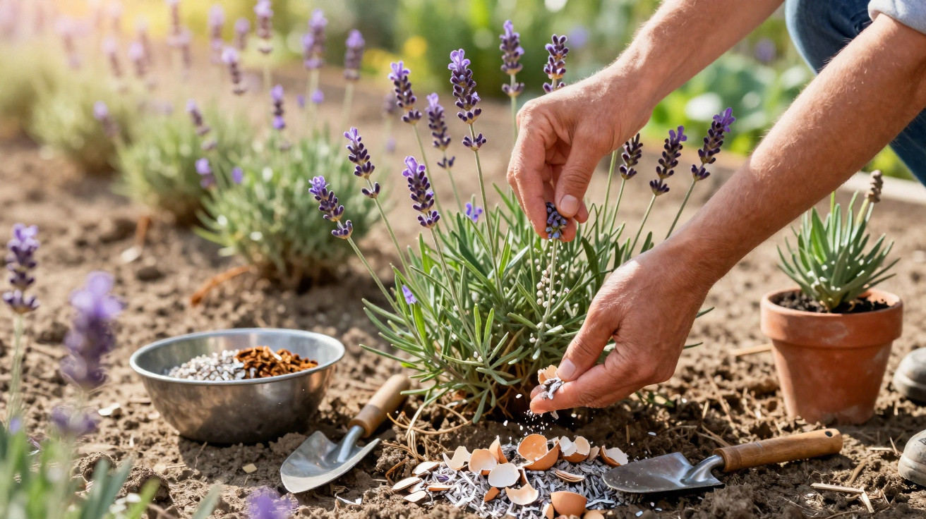 Mãos a cuidar de planta de lavanda num jardim com terra, ferramentas de jardinagem e cascas de ovos.