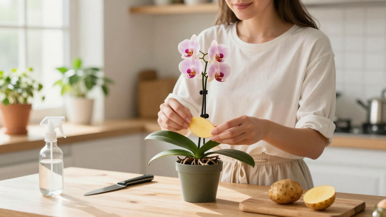 Mulher a cuidar de orquídea com fatia de batata na cozinha iluminada.