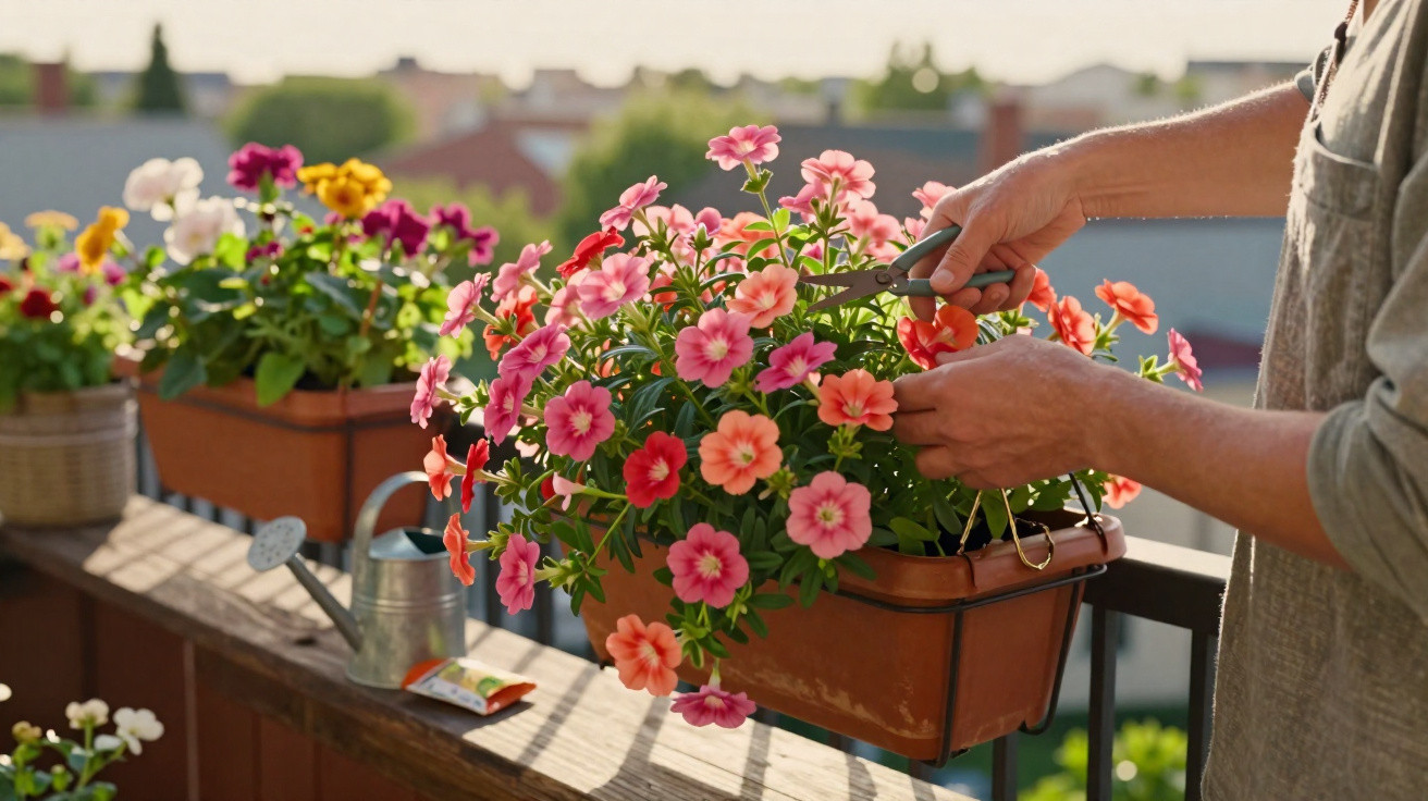 Pessoa a podar flores cor-de-rosa num vaso numa varanda com várias plantas ao sol.