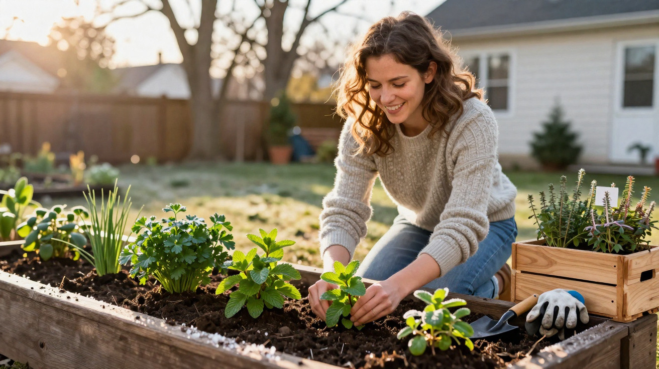 Mulher sorridente a cultivar plantas numa horta elevada ao ar livre em casa, num dia ensolarado.