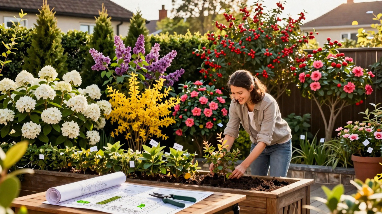 Mulher a plantar flores coloridas num jardim bem cuidado com plantações e ferramentas sobre a mesa.