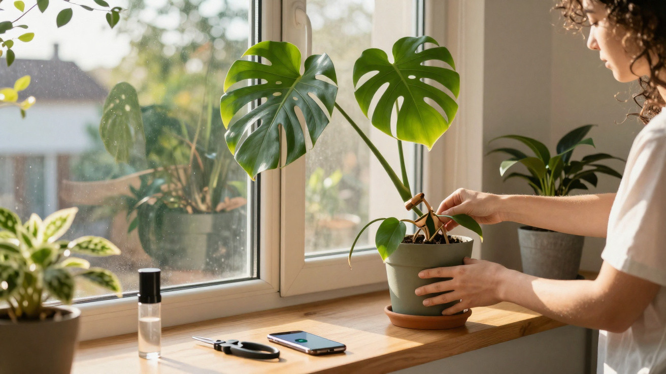 Pessoa a cuidar de planta monstera num aparador à janela com sol, rodeada de outras plantas e objetos.