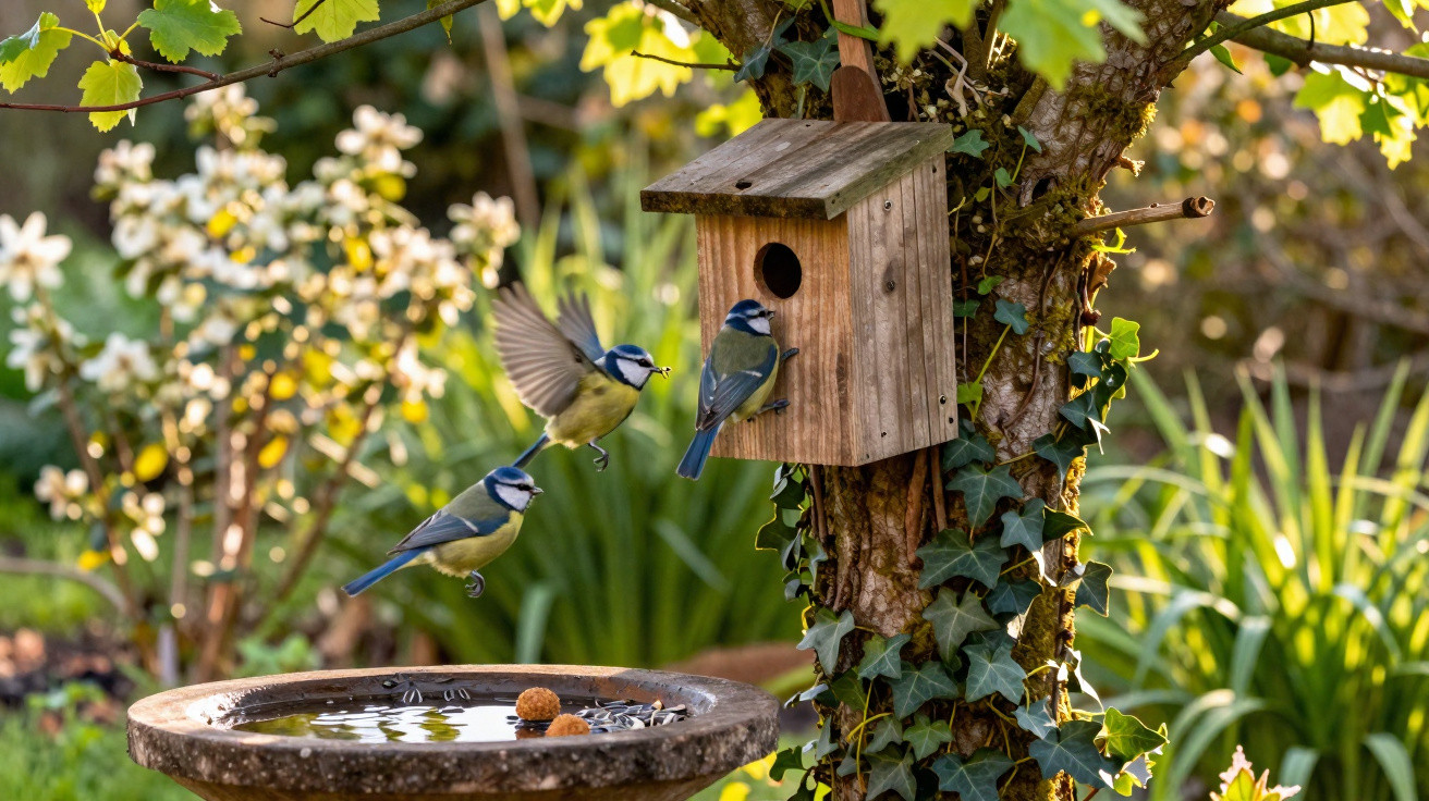 Três aves azulões na borda e a voar junto a uma casa de madeira numa árvore com hera.