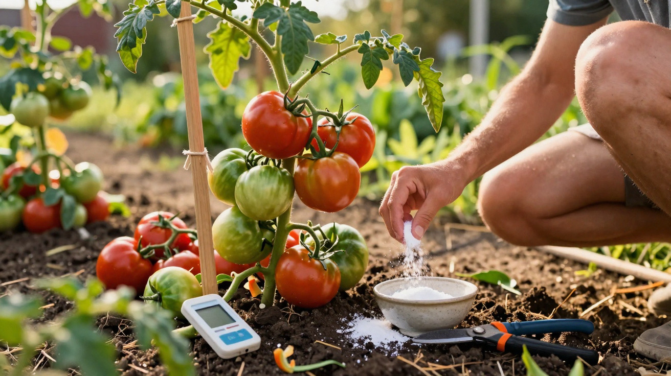Pessoa a polvilhar fertilizante junto a pés de tomateiros com frutos vermelhos e verdes.