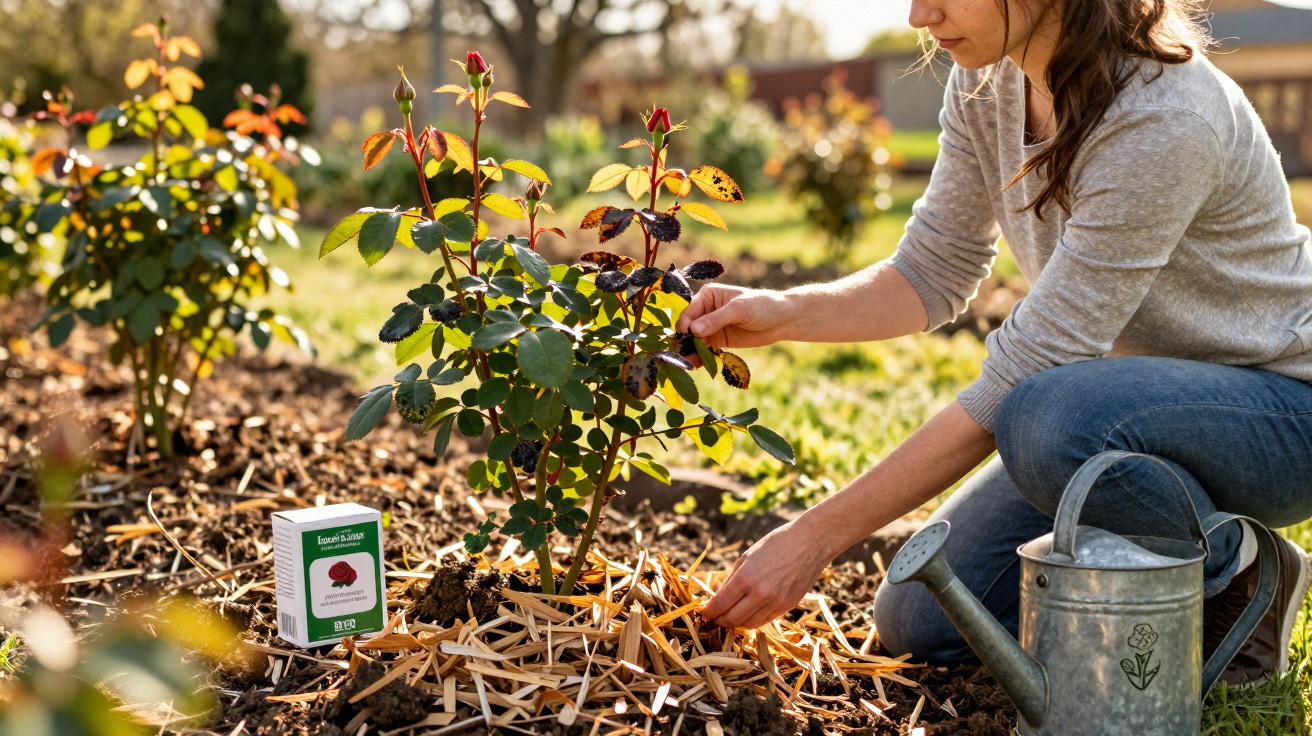 Pessoa a cuidar de uma roseira num jardim, com regador metálico e caixa de produto ao lado.