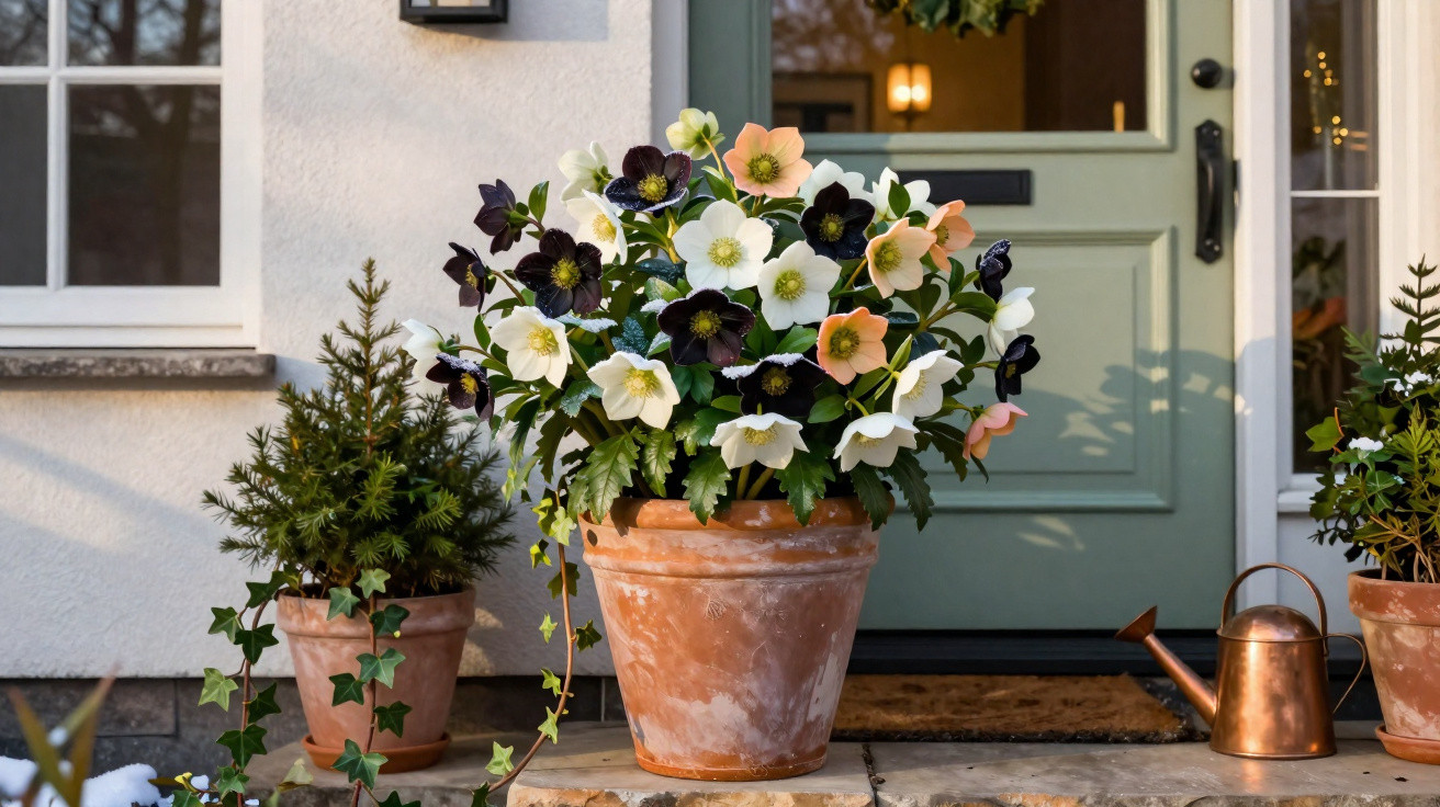 Vaso de barro com flores coloridas à entrada de uma casa com porta verde e regador de cobre.
