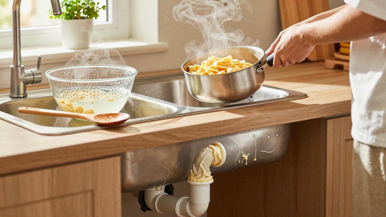 Pessoa a escorrer massa quente num escorredor na cozinha, com vapor visível e má drenagem na canalização.