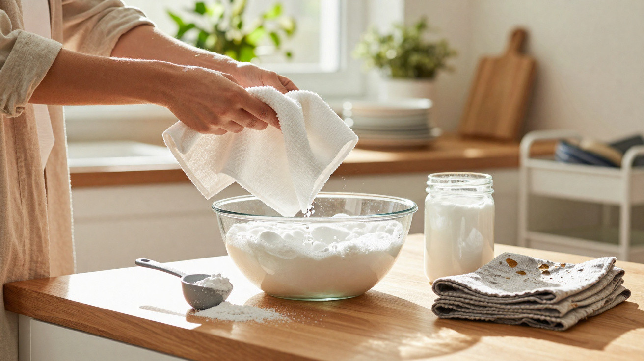 Mãos a espremer toalha branca sobre tigela com espuma na cozinha iluminada a luz natural.